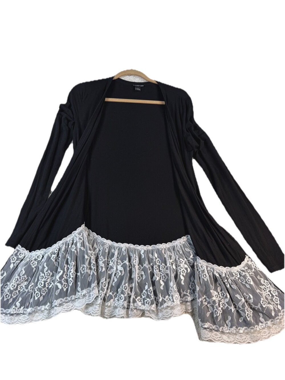 Audrey Ann Ruffle Lace Hem Cardigan AD1361 Womens Black V-Neck Long Size L